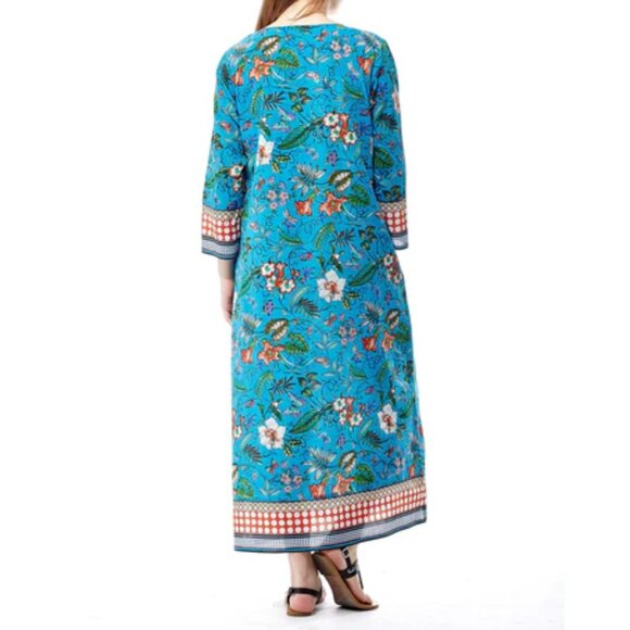 La Cera Floral Maxi Dress Muu Muu Kaftan Womens L Cerulean Blue Tropical Beach - Picture 1 of 8